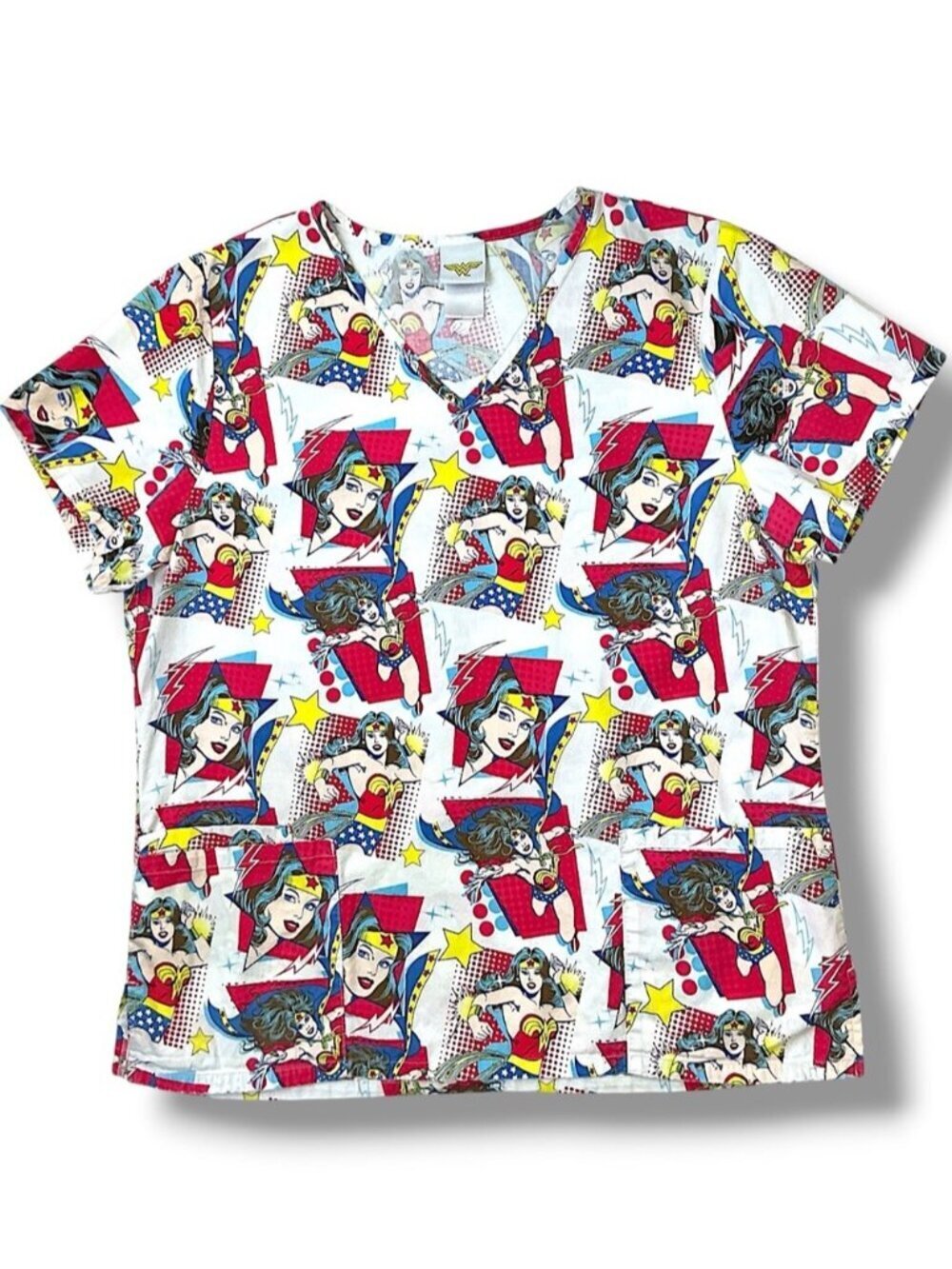 Wonder Woman Scrub Top Cotton DC Comics Print V Neck Multicolor Size S/M